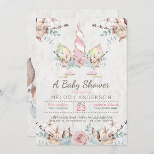 Invitation BOHO Woodland Floral Unicorn Baby shower rose