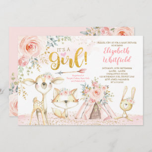 Invitation Boho Woodland Forest Pink Gold Floral Baby shower