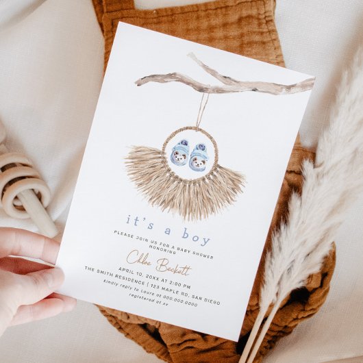 Invitation Boho Wreath Baby Boy Baby shower bleu Tan