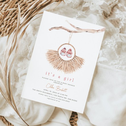 Invitation Boho Wreath Baby Girl Blush Tan Baby shower