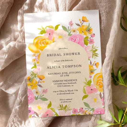 Invitation Boho Yellow arc rose floral chic douche nuptiale