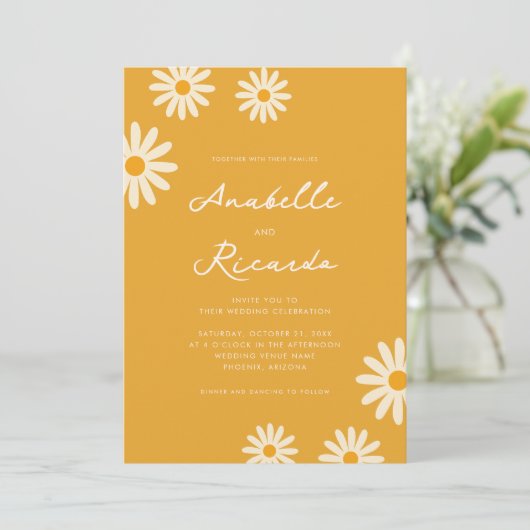 Invitation Boho Yellow Daisy Hippie QR Code Photo Mariage (Debout devant)