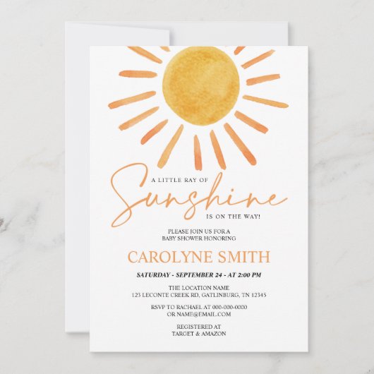 Invitation Boho Yellow Sunshine Watercolor Baby shower (Devant)