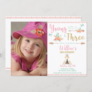 Invitation Boho Young Wild and Three 3Birthday Girl Photo
