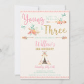 Invitation Boho Young Wild et Three Birthday Party Girl (Devant)