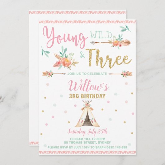 Invitation Boho Young Wild et trois fille de fête d'anniversa (Devant / Derrière)