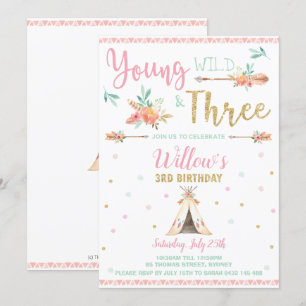 Invitation Boho Young Wild et trois fille de fête d'anniversa