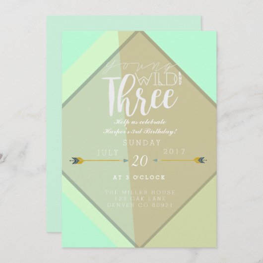 Invitation Boho Young Wild & Three | 3e fête d'anniversaire (Devant / Derrière)