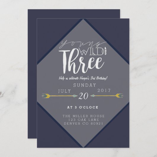 Invitation Boho Young Wild & Three | 3e fête d'anniversaire (Devant / Derrière)