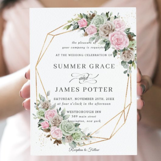 Invitation BohoChic rose Brown Sage Vert Floral or Mariage
