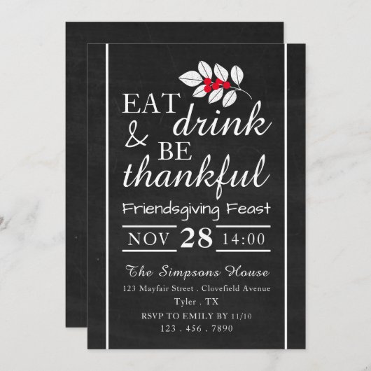 Invitation Boire à manger, Chalkboard Fête d'Action de grâces (Devant / Derrière)