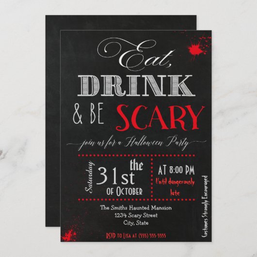 Invitation Boire à manger être effrayant rouge Halloween Invi (Devant / Derrière)