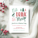 Invitation Boire à manger Soyez joyeux Typographie Noël<br><div class="desc">Mangez,  buvez et soyez joyeux l'invitation de la fête de Noël comprend de la typographie mignonne avec l'arbre de Noël,  le sucre de canne et le verre de cocktail. Reverse side un motif de vacances festif dans les tons rouge,  vert et rose. Art par KL Stock.</div>