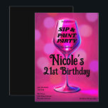 Invitation Boire & peindre Verre à vin rose Fête d'anniversai<br><div class="desc">Personnalisez comme vous le souhaitez.</div>