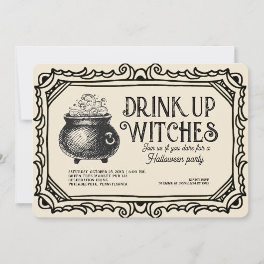 Invitation Boire vintage sorcières Halloween Party (Devant)