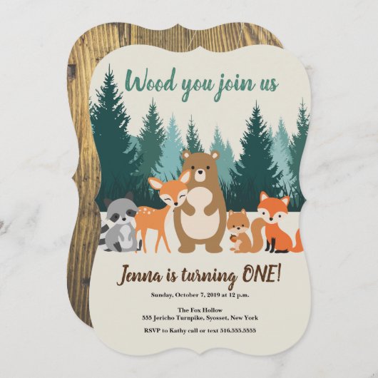 Invitation Bois 1er anniversaire Forêt Animaux Végétation (Devant / Derrière)