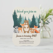 Invitation Bois 1er anniversaire Forêt Animaux Végétation (Debout devant)