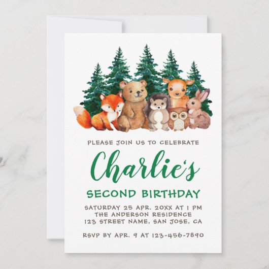 Invitation Bois 2e anniversaire Forêt Animaux Script vert (Devant)