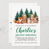 Invitation Bois 2e anniversaire Forêt Animaux Script vert (Devant / Derrière)