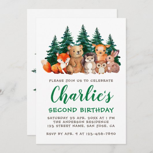 Invitation Bois 2e anniversaire Forêt Animaux Script vert (Devant / Derrière)