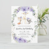 Invitation Bois Animal Purple Floral Végétation Anniversaire (Debout devant)