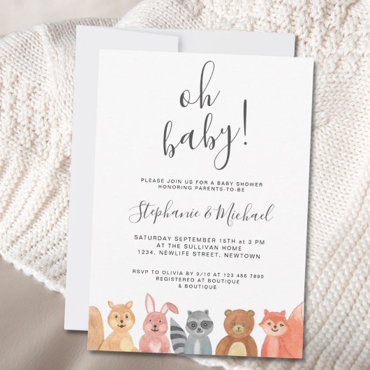 Invitation Bois Animaux Aquarelle Couples Baby shower