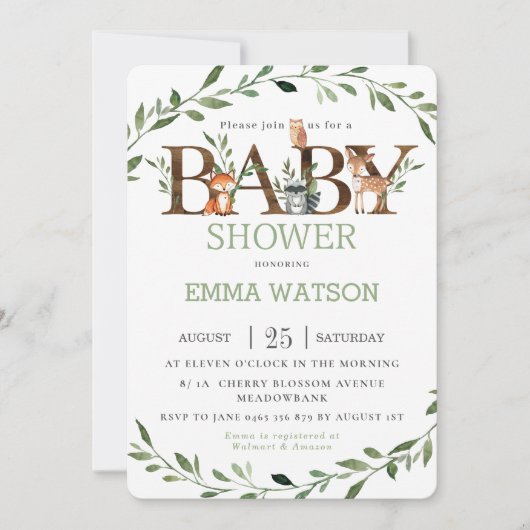 Invitation Bois Animaux Baby shower Chic Vert Neutre (Devant)