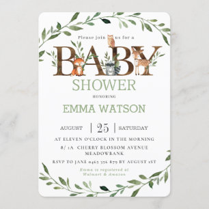 Invitation Bois Animaux Baby shower Chic Vert Neutre