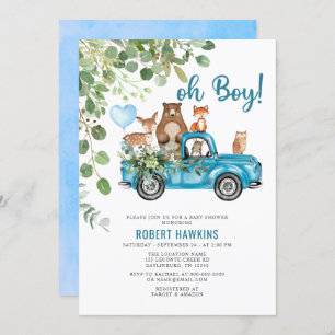 Invitation Bois Animaux Baby shower de camion bleu