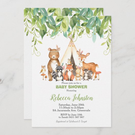 Invitation Bois Animaux Baby shower Forêt Verdure Garçon (Devant / Derrière)