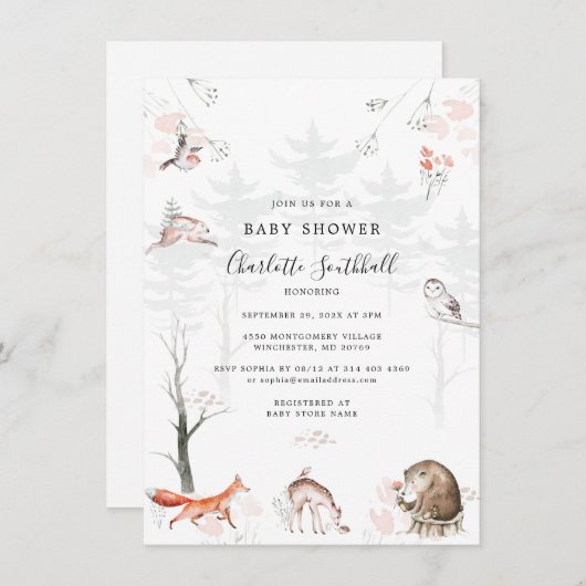 Invitation Bois Animaux Baby shower rustique Script (Devant / Derrière)