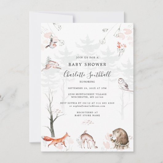 Invitation Bois Animaux Baby shower rustique Script (Devant)