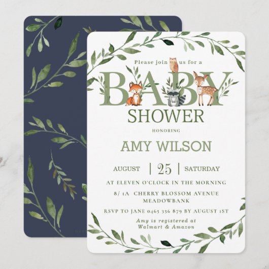Invitation Bois Animaux Baby shower Végétation Whimsical (Devant / Derrière)
