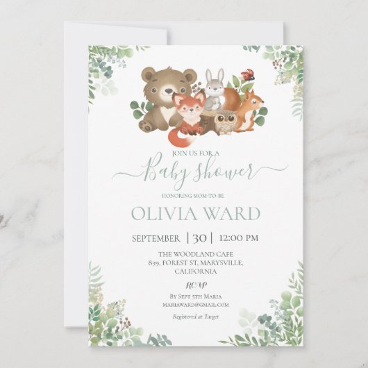 Invitation Bois Animaux Baby shower verdoyant (Devant)