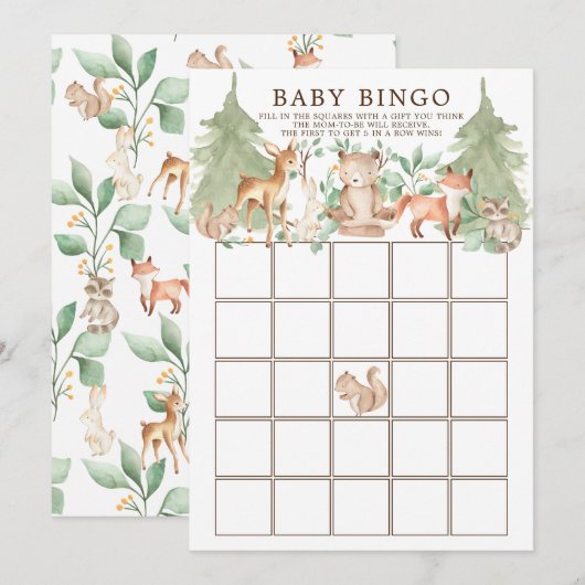 Invitation Bois Animaux BINGO Baby shower Jeu (Devant / Derrière)