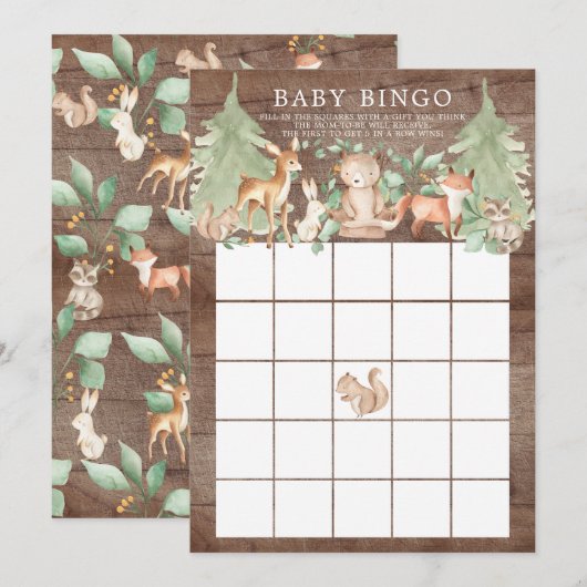 Invitation Bois Animaux BINGO Baby shower Jeu (Devant / Derrière)