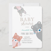 Invitation Bois Animaux Blanc Turquoise Baby shower garçon (Devant)