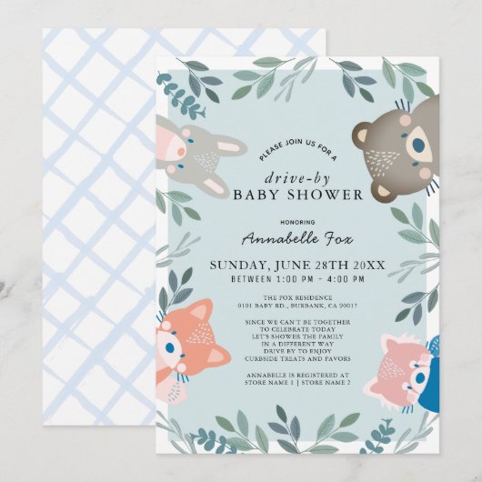 Invitation Bois Animaux Blue Boy Baby shower Drive-by (Devant / Derrière)