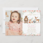Invitation Bois Animaux Blush Floral 1er Anniversaire Photo (Devant)
