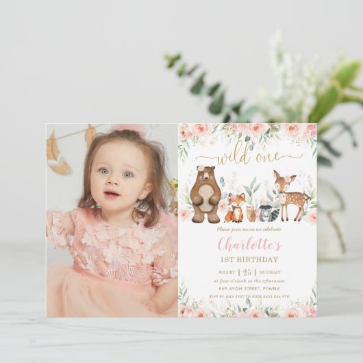 Invitation Bois Animaux Blush Floral 1er Anniversaire Photo (Debout devant)