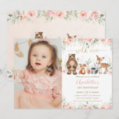 Invitation Bois Animaux Blush Floral 1er Anniversaire Photo (Devant / Derrière)