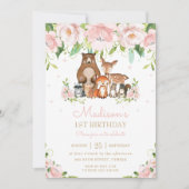 Invitation Bois Animaux Blush Rose Floral 1er anniversaire (Devant)