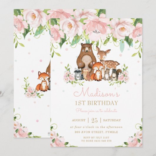 Invitation Bois Animaux Blush Rose Floral 1er anniversaire (Devant / Derrière)