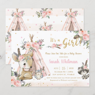Invitation Bois Animaux Boho Baby shower de filles tribales B