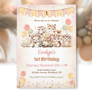 Invitation Bois Animaux Boho Pastel Girl 1er anniversaire