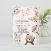 Invitation Bois Animaux Boho rose Baby shower fille (Debout devant)