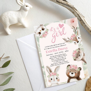 Invitation Bois Animaux Boho rose Baby shower fille