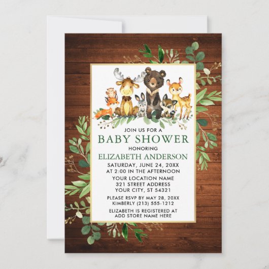 Invitation Bois Animaux Bois Baby shower vert (Devant)
