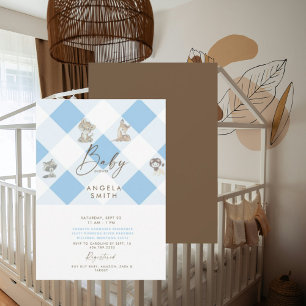 Invitation Bois Animaux Brown & Bleu Baby shower mignon