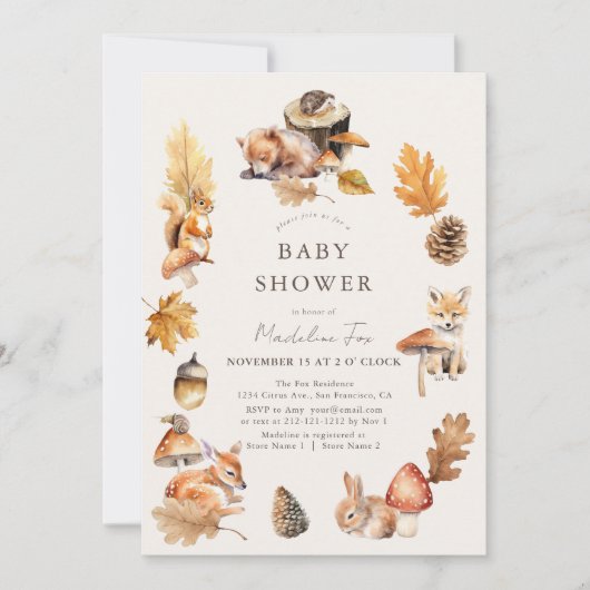 Invitation Bois Animaux Champignons Baby shower automne/autom (Devant)